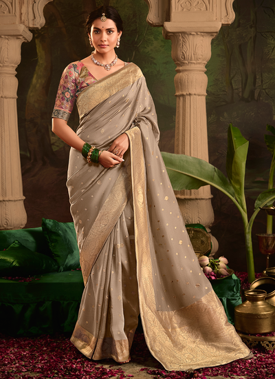 Designer Grey Dola Silk Zari Weaving Festive Wear Saree