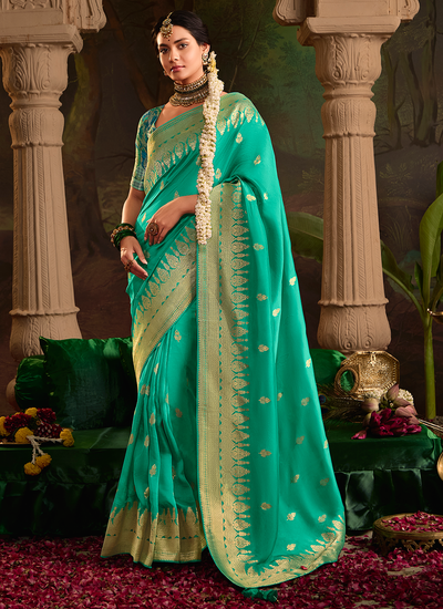 Latest Bridesmaid Turquoise Dola Silk Zari Weaving Saree