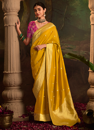 Fancy Haldi Wear Mustard Dola Silk Zari Weaving Saree