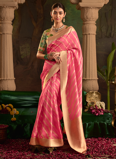 Pretty Festive Wear Dola Silk Pink Zari Weaving Saree