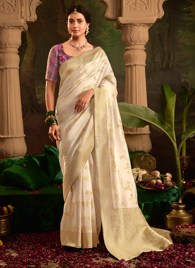 Classy Off White Bridesmaid Dola Silk Zari Weaving Saree