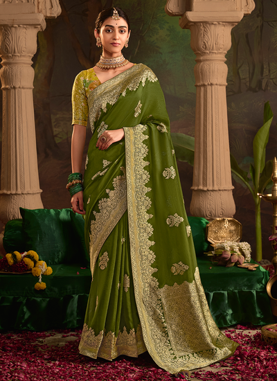 Mehendi Wear Dola Silk Green Zari Weaving Saree