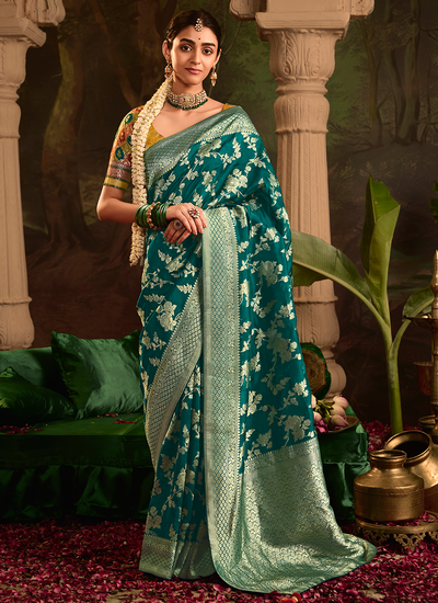 Dark Turquoise Festive Wear Dola Silk Zari Weaving Saree