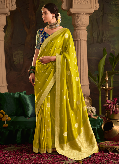 Designer Pear Green Festive Wear Dola Silk Zari Weaving Saree