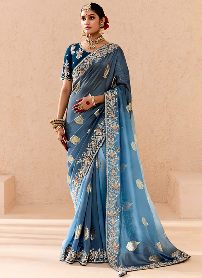 Wedding Wear Dola Silk Ocean Blue And Sky Blue Sequins Embroidered Zari Woven Saree