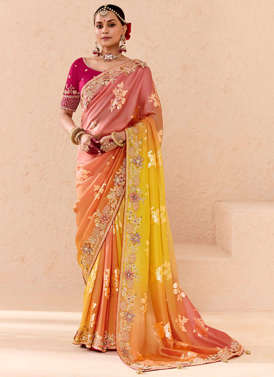 Reception Wear Dola Silk Sequins Embroidered Peach And Yellow Zari Woven Saree