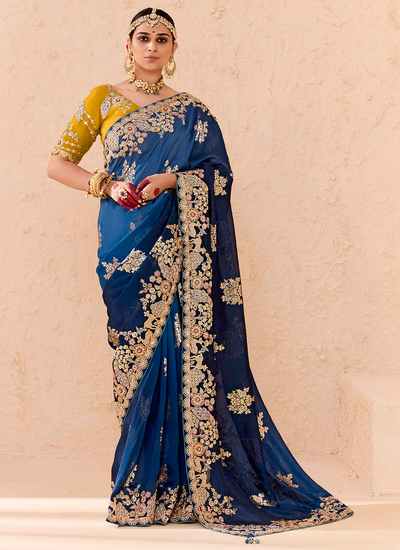 Dola Silk Wedding Wear Zari Woven Sequins Embroidered Blue Saree