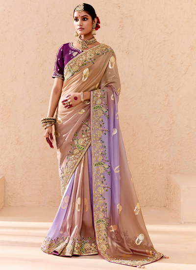 Reception Wear Beige And Lavender Dola Silk Zari Woven Sequins Embroidered Saree