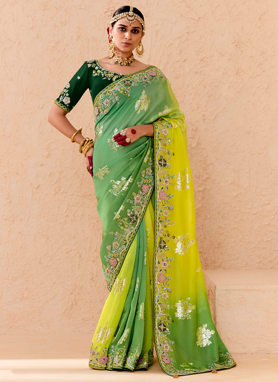 Zari Woven Parrot Green Mehendi Wear Dola Silk Sequins Embroidered Saree