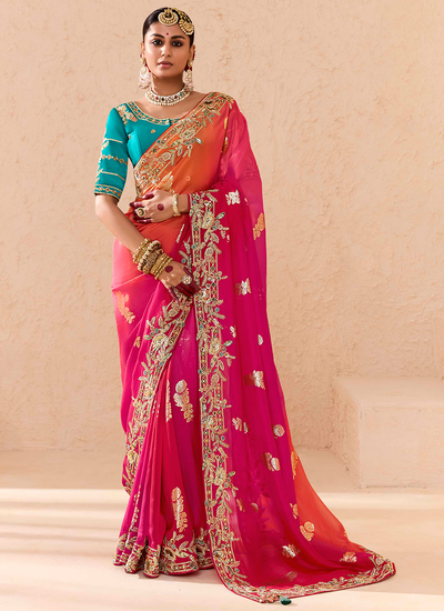 Zari Woven Wedding Wear Hot Pink And Orange Dola Silk Sequins Embroidered Saree