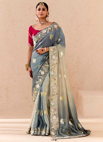 Dola Silk Zari Woven Sequins Embroidered Grey Reception Wear Saree