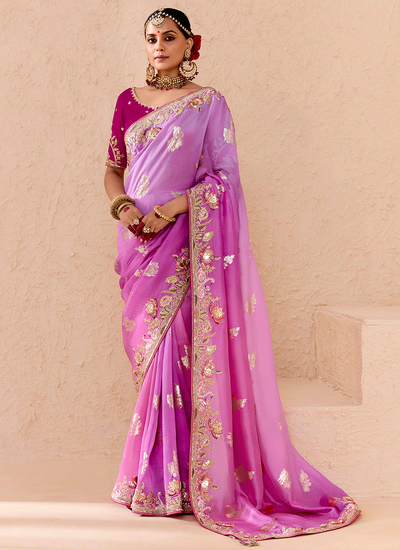 Pink Sequins Embroidered Dola Silk Zari Woven Reception Wear Saree