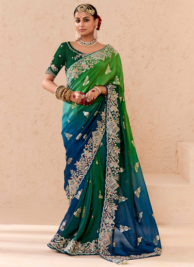 Sequins Embroidered Dola Silk Zari Woven Green And Blue Reception Wear Saree