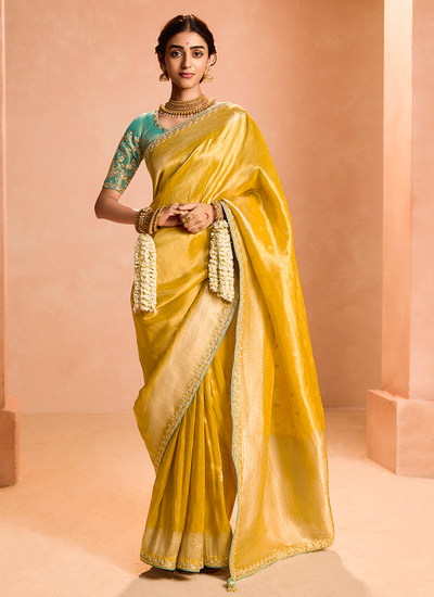 Striking Yellow Tissue Silk Wedding Wear Zari Woven Sequins Embroidered Saree