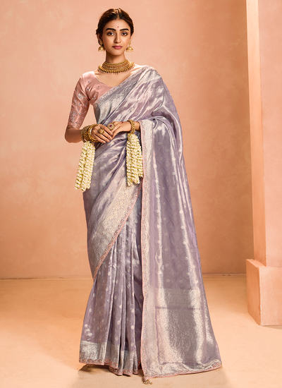 Wedding Wear Lovely Lavender Tissue Silk Zari Woven Sequins Embroidered Saree