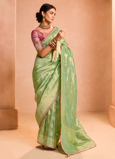 Tissue Silk Pleasant Pista Green Wedding Wear Zari Woven Sequins Embroidered Saree