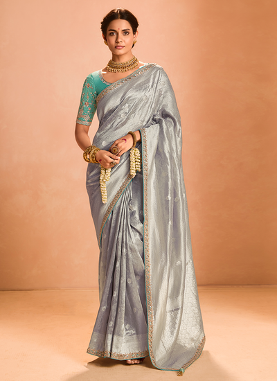 Wedding Wear Tissue Silk Dove Gray Zari Woven Sequins Embroidered Saree