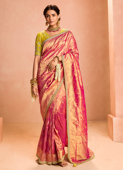 Wedding Wear Ravishing Red Zari Woven Sequins Embroidered Tissue Silk Saree