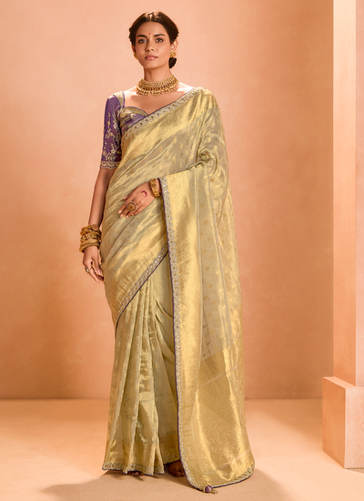 Golden Beige Tissue Silk Wedding Wear Zari Woven Sequins Embroidered Saree