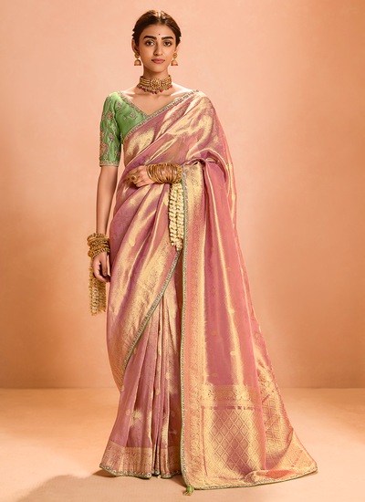 Tissue Silk Zari Woven Sequins Embroidered Wedding Wear Saree In Pink