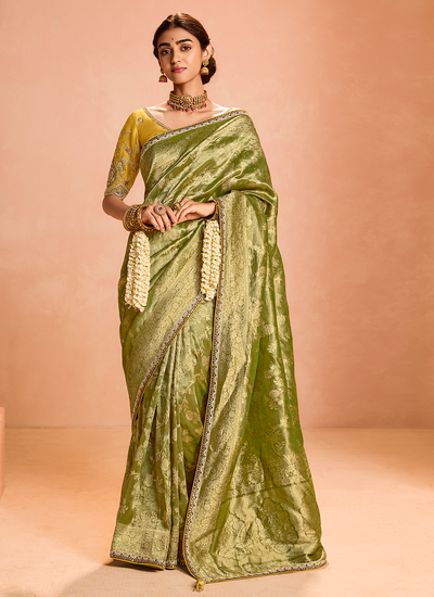 Green Tissue Silk Zari Woven Sequins Embroidered Wedding Saree With Heavy Contrast Blouse