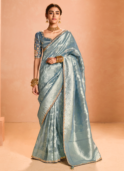 Tissue Silk Baby Blue Zari Woven Sequins Embroidered Wedding Saree With Heavy Contrast Blouse