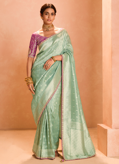 Sea Green Wedding Wear Tissue Silk Zari Woven Sequins Embroidered Saree