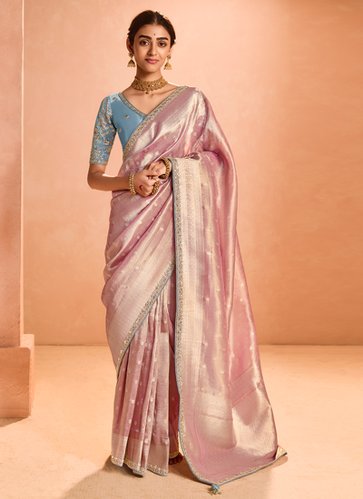 Zari Woven Tissue Silk Promising Pink Wedding Wear Sequins Embroidered Saree