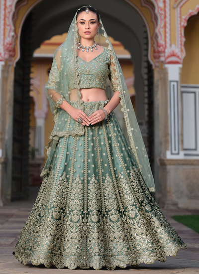 Butterfly Net Sage Green Sequins Embroidered Engagement Wear Lehenga Choli