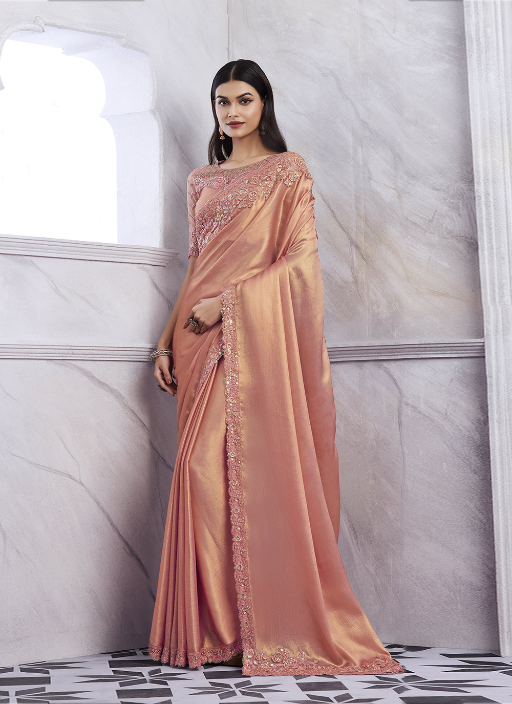 Sequins Silk Party Wear Saree in Peach