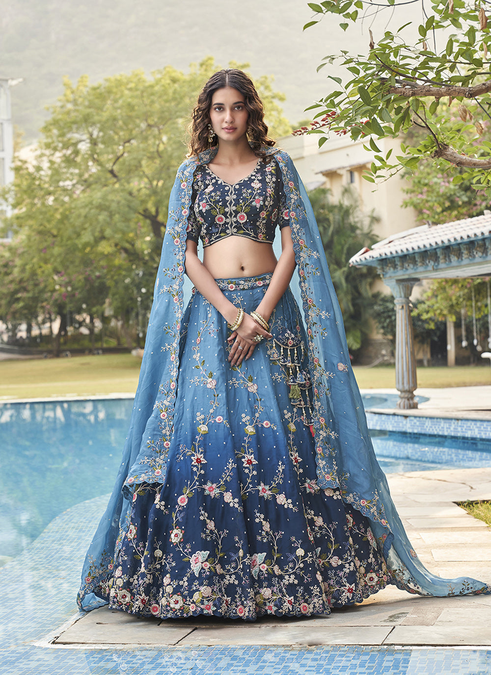 Peacock Blue Organza Engagement Wear Sequins Embroidered Lehenga Choli