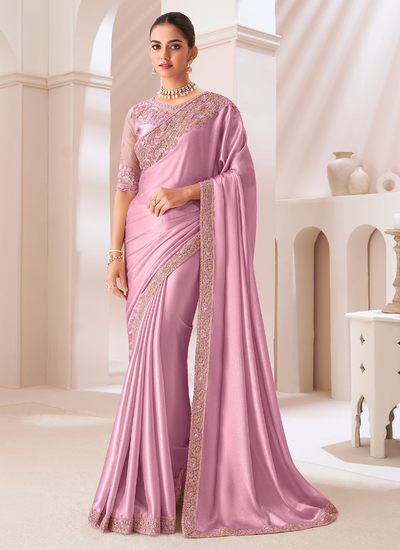 Satin Party Wear Baby Pink Sequins Zari Embroidered Patch Border Saree