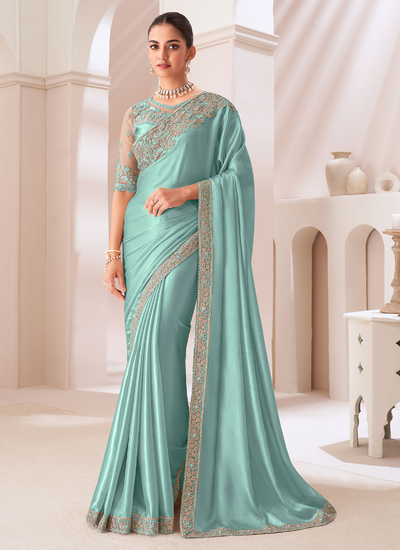 Party Wear Pale Turquoise Satin Sequins Zari Embroidered Patch Border Saree