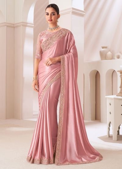 Satin Sequins Zari Embroidered Party Wear Light Pink Patch Border Saree