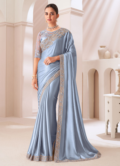 Baby Blue Sequins Zari Embroidered Satin Party Wear Patch Border Saree