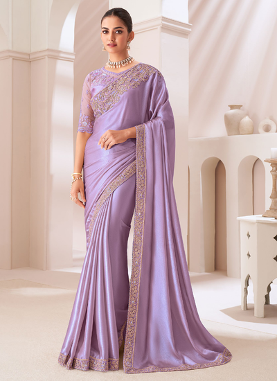 Satin Sequins Zari Embroidered Lavender Party Wear Patch Border Saree