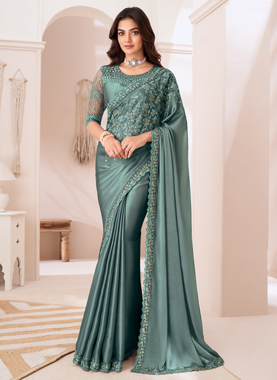 Teal Satin Party Wear Sequins Embroidered Patch Border Saree