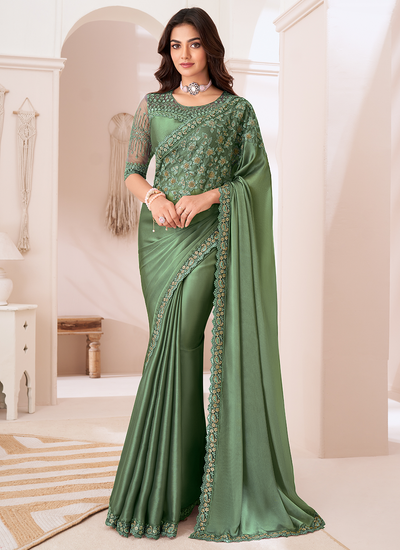 Satin Party Wear Green Sequins Embroidered Patch Border Saree