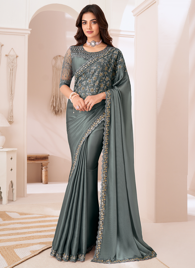 Grey Sequins Embroidered Satin Party Wear Patch Border Saree