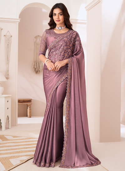 Party Wear Sequins Embroidered Mauve Satin Patch Border Saree