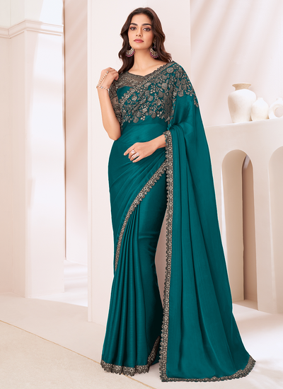 Party Wear Teal Satin Chiffon Sequins Embroidered Patch Border Saree