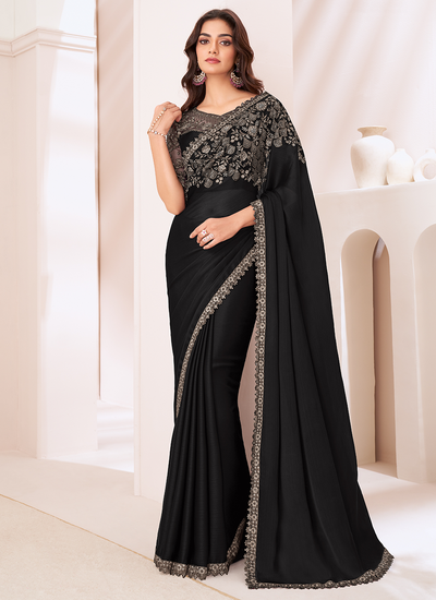 Black Sequins Embroidered Party Wear Satin Chiffon Patch Border Saree