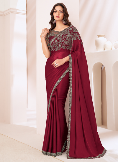 Satin Chiffon Sequins Embroidered Red Party Wear Patch Border Saree