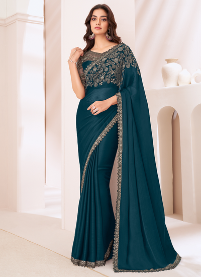 Ocean Blue Party Wear Satin Chiffon Sequins Embroidered Patch Border Saree