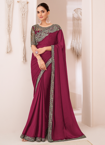 Georgette Chiffon Magenta Party Wear Sequins Embroidered Patch Border Saree