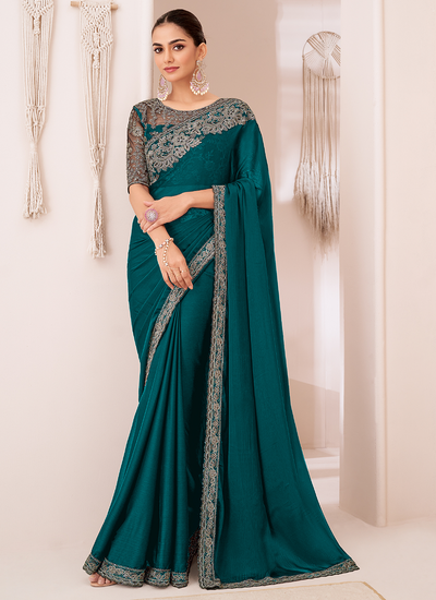 Teal Sequins Embroidered Georgette Chiffon Party Wear Patch Border Saree