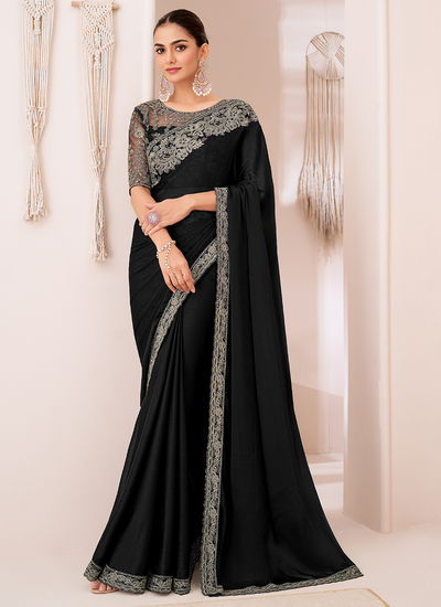 Party Wear Sequins Embroidered Black Georgette Chiffon Patch Border Saree