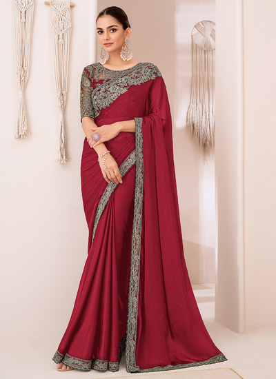 Red Georgette Chiffon Party Wear Sequins Embroidered Patch Border Saree