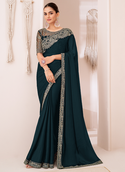 Party Wear Georgette Chiffon Dark Turquoise Sequins Embroidered Patch Border Saree