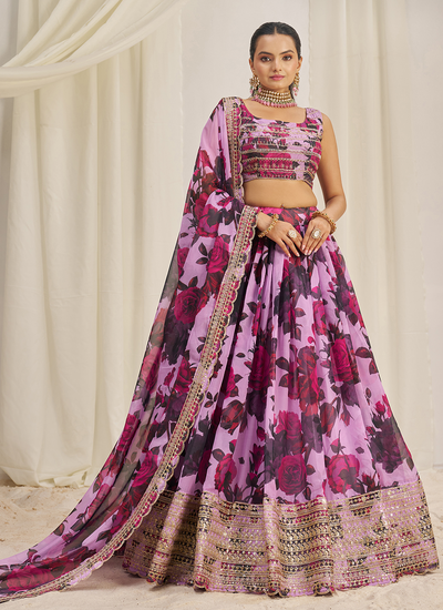 Organza Zari Dori Sequins Floral Printed Purple Festive Wear Lehenga Choli